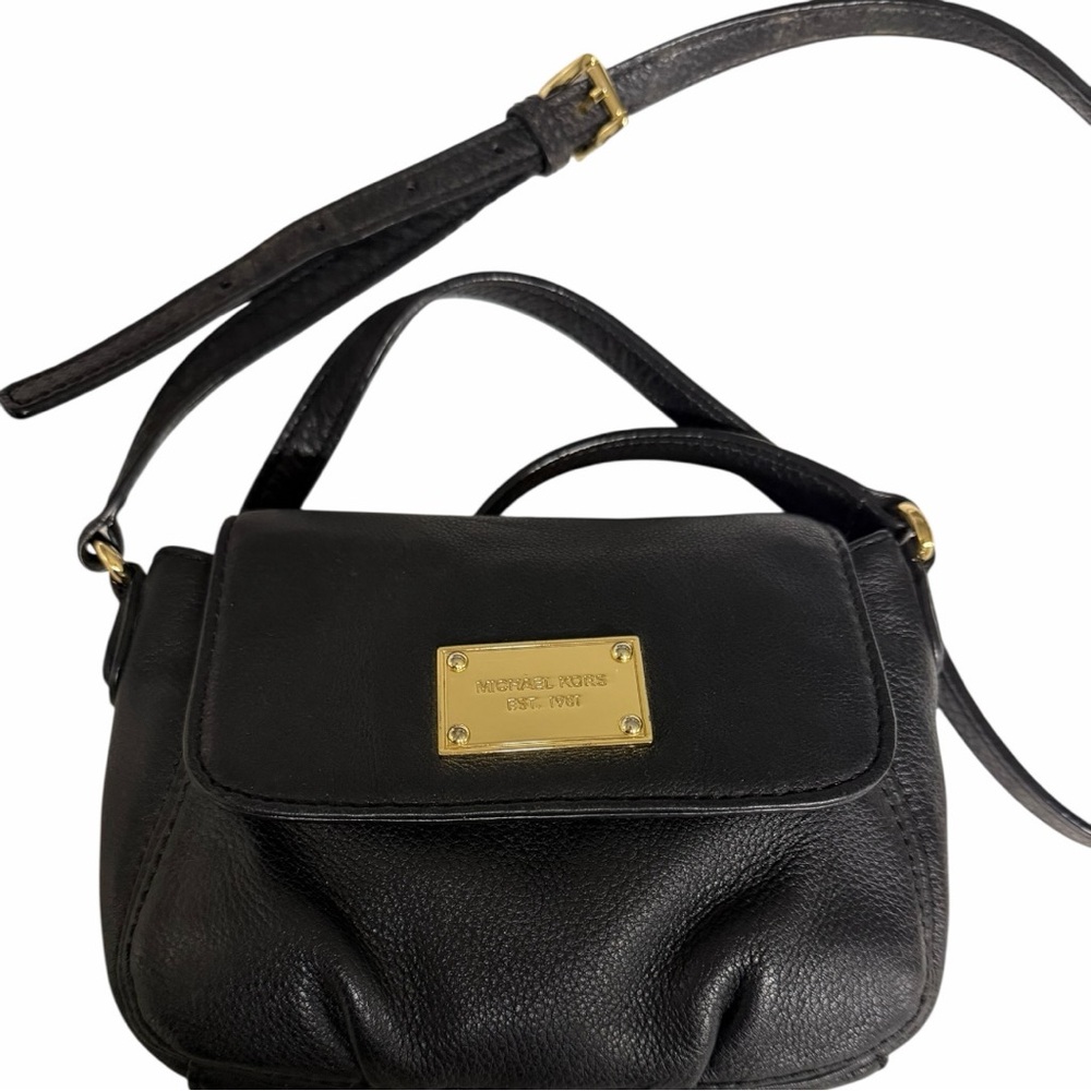 Michael Kors Black Leather Vintage Crossbody with Gold Plaque